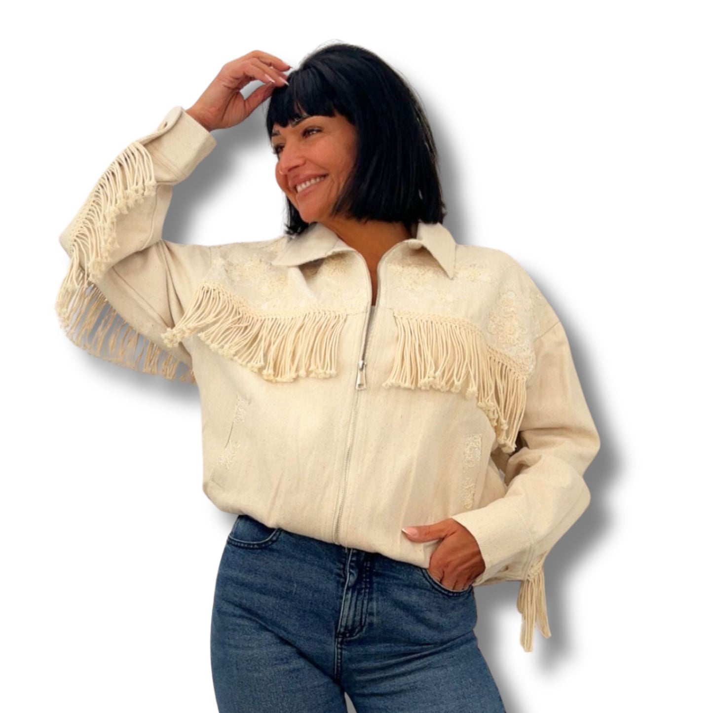 Boho Jeansjacke mit Fransen und bunten Stickereien – einzigartiges Unikat im Boho-Style von Schenkt ein Herz