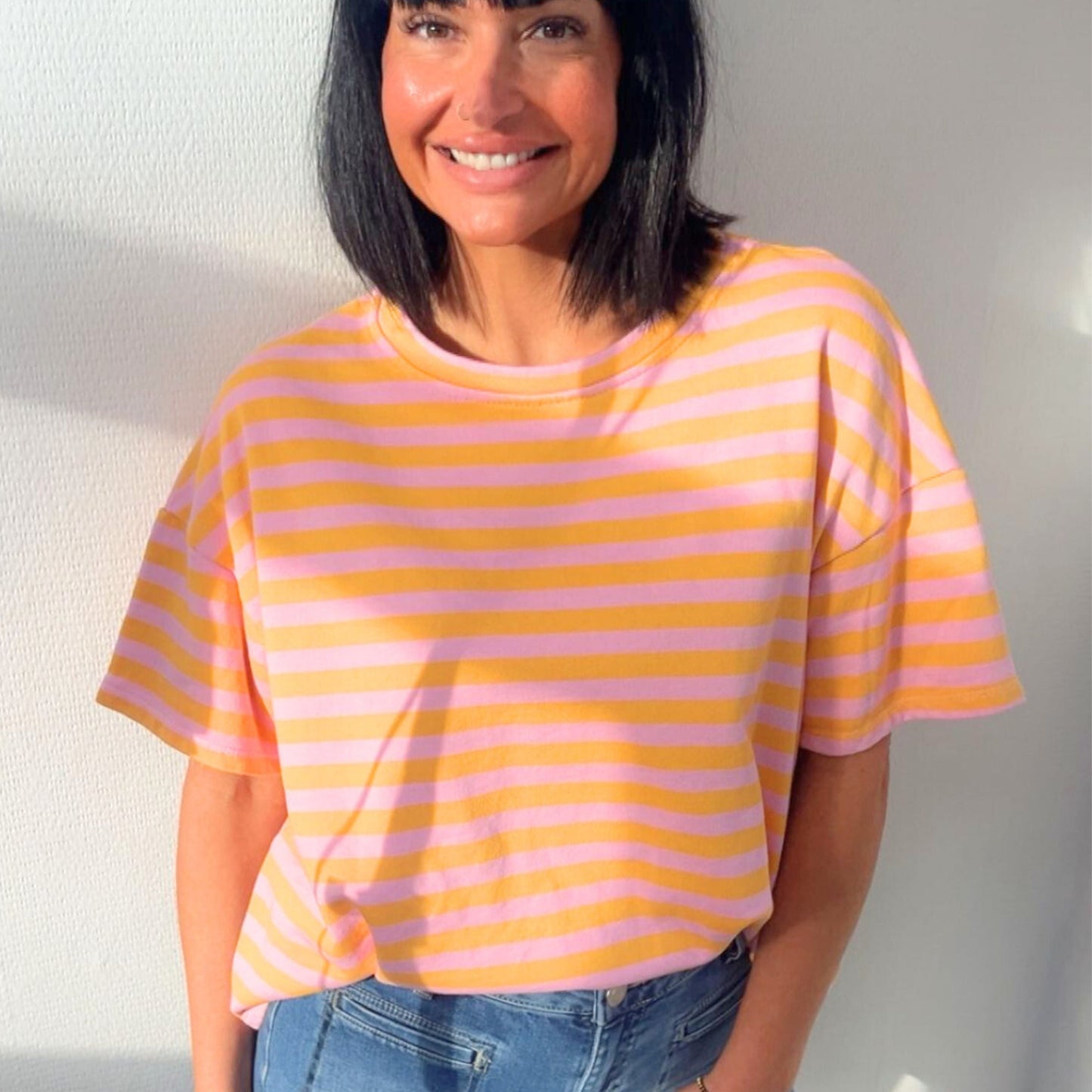 Streifen T-Shirt in Rosa und Orange aus dicker Frottee-Baumwolle – hochwertiges weiches Damen-Shirt von Schenkt ein Herz