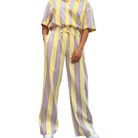 Streifen-Set Damen in Lila/Gelb – lockere Bluse mit weiter Hose