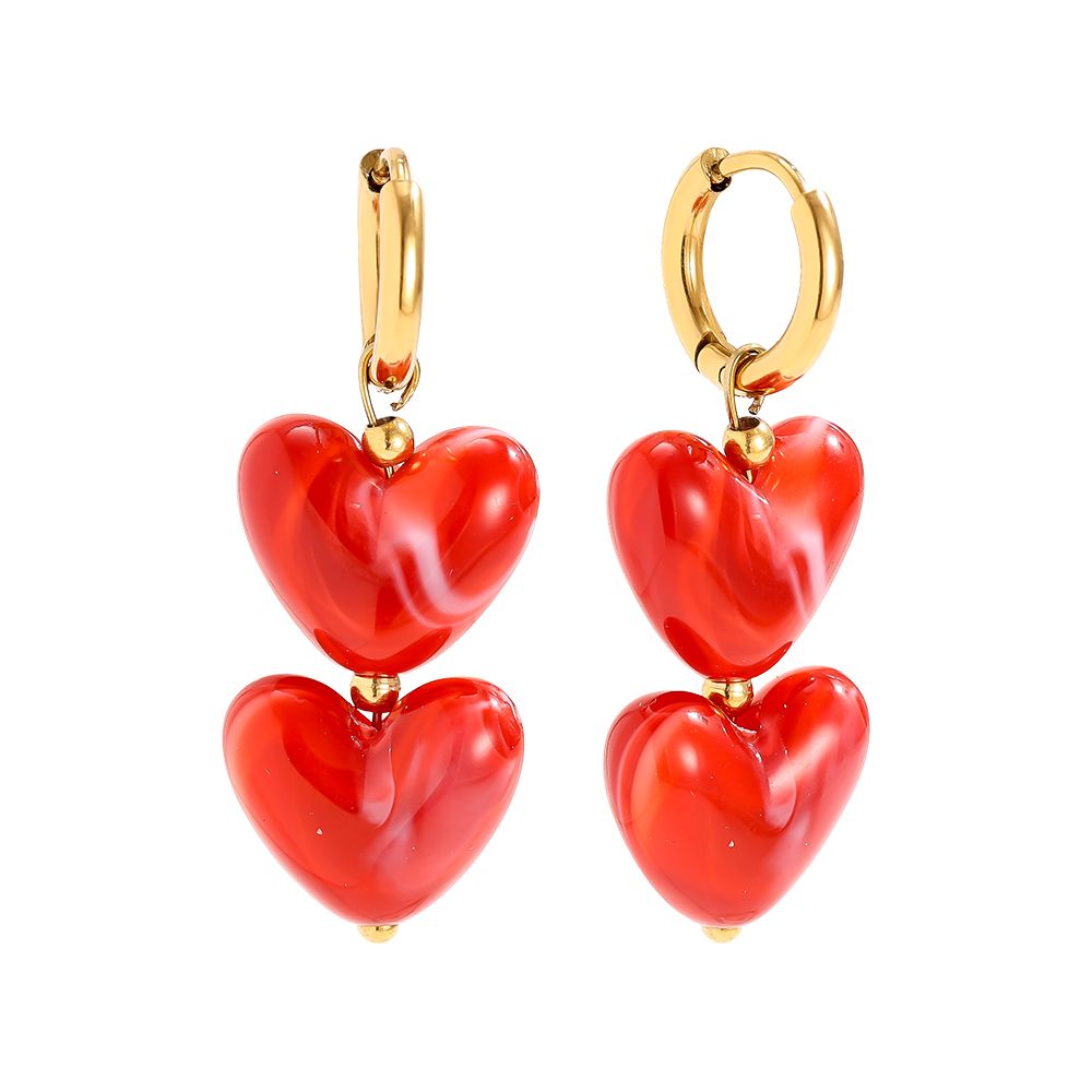 Herz-Ohrringe Double Love Rot – Klappverschluss, glänzende Oberfläche, Statement-Piece