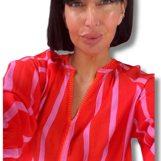 Damen Bluse gestreift leichte Viskose mit Neon-Details – sommerliche Bluse Schenkt ein Herz