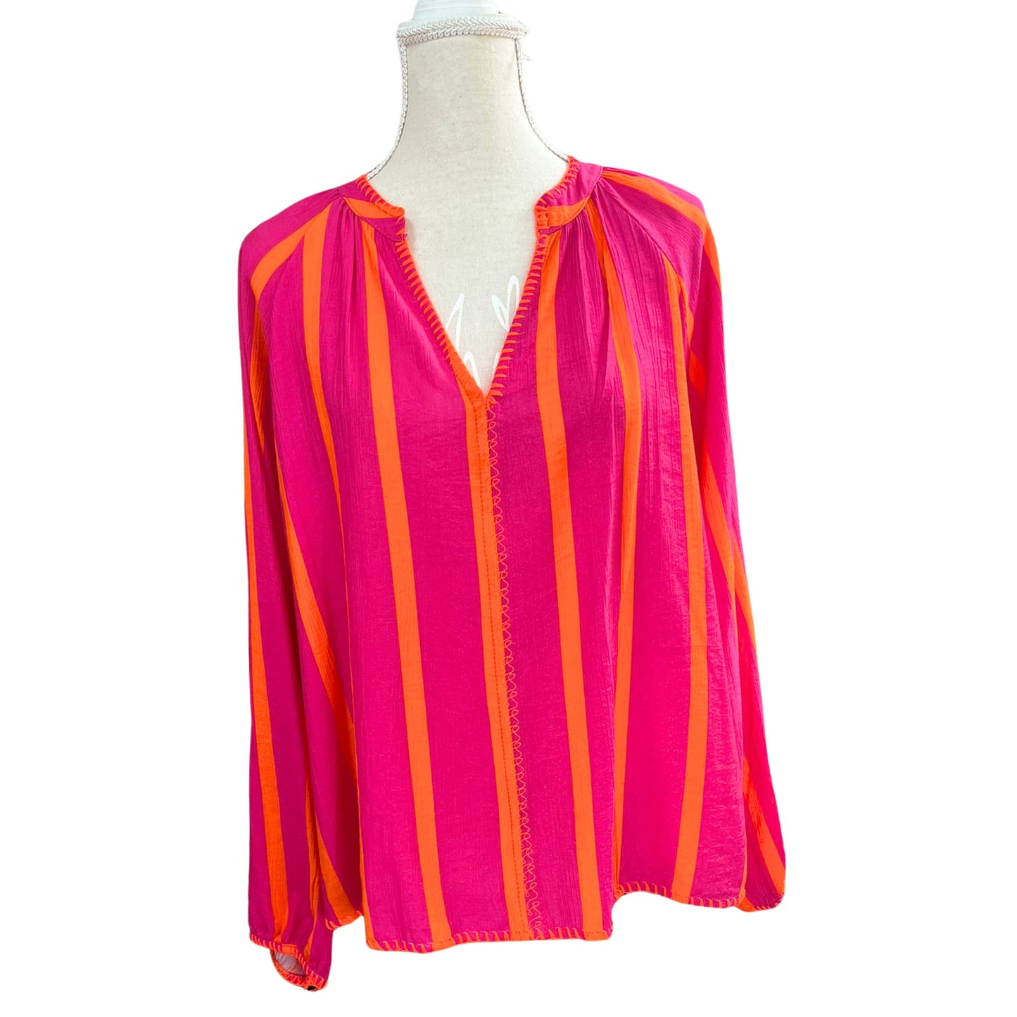 Damen Bluse gestreift – Leichte Viskose Bluse mit Neon-Details