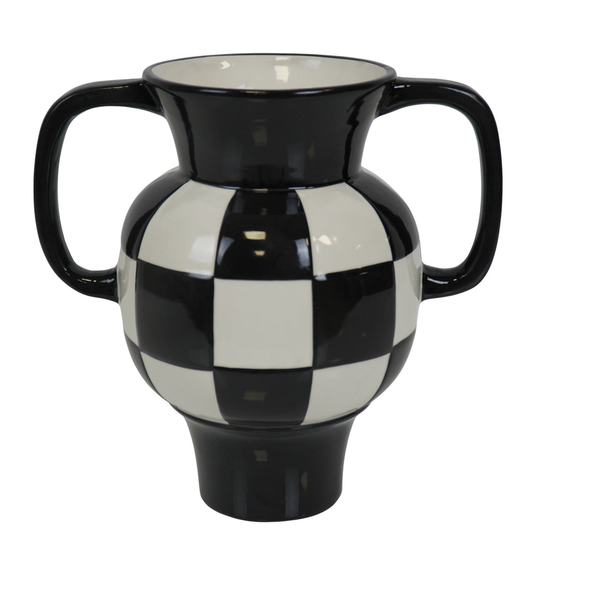 Moderne Keramik-Vase Jug in Schwarz-Weiss mit markanten Schachbrettmuster und skulpturaler Form – Wohndeko Statement-Piece von Schenkt ein Herz
