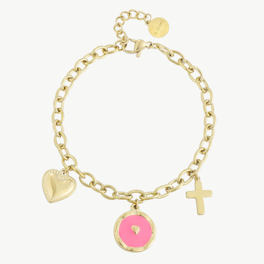 Damen Armband Gold – Herz, Kreuz & Pinken Anhänger (Edelstahl vergoldet)