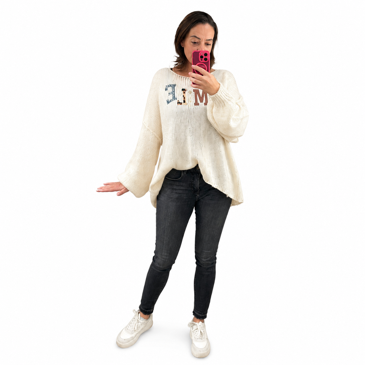 Oversize Strickpullover SMILE getragen, Vorderansicht