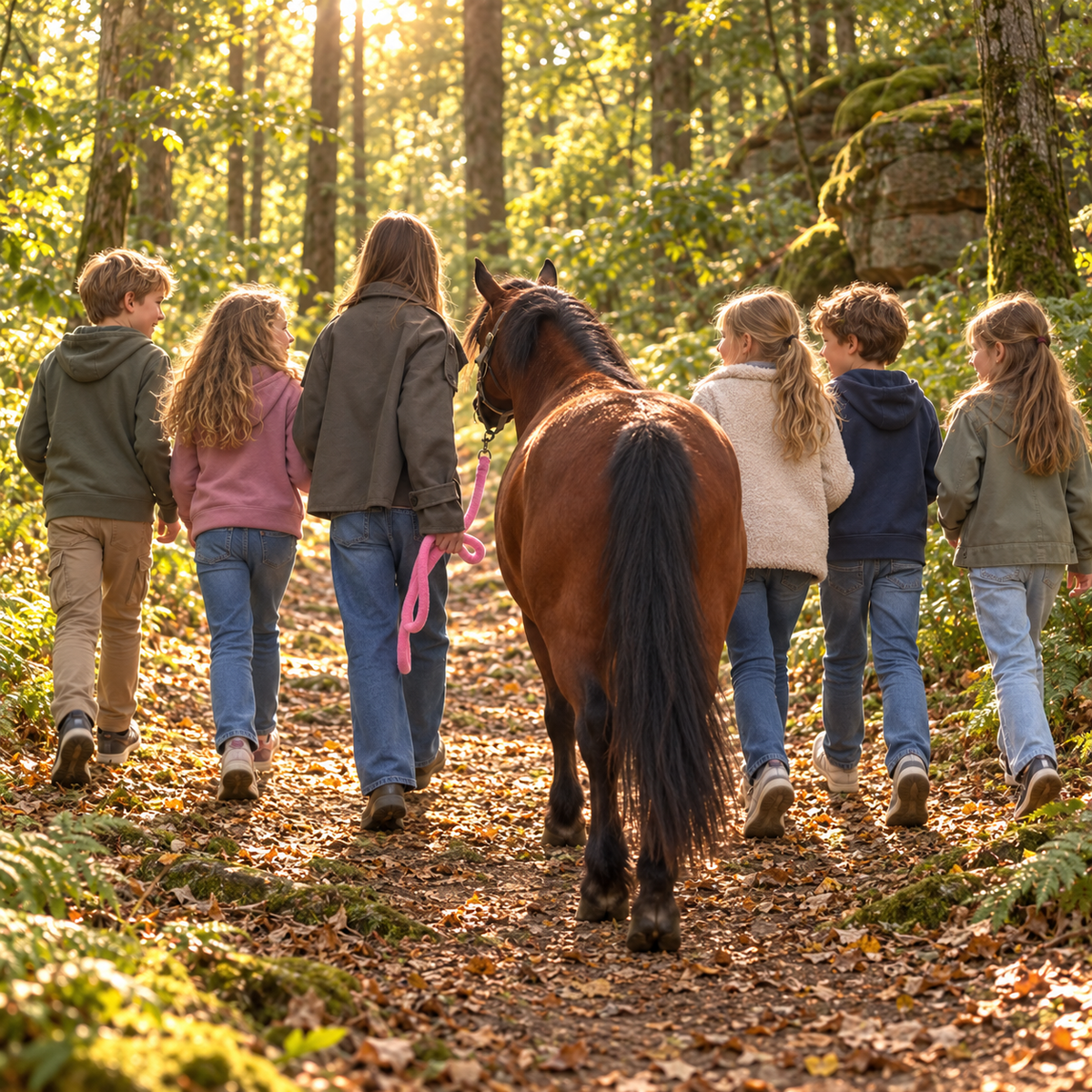 Kinder wandern mit einem Pony durch den Bentheimer Wald