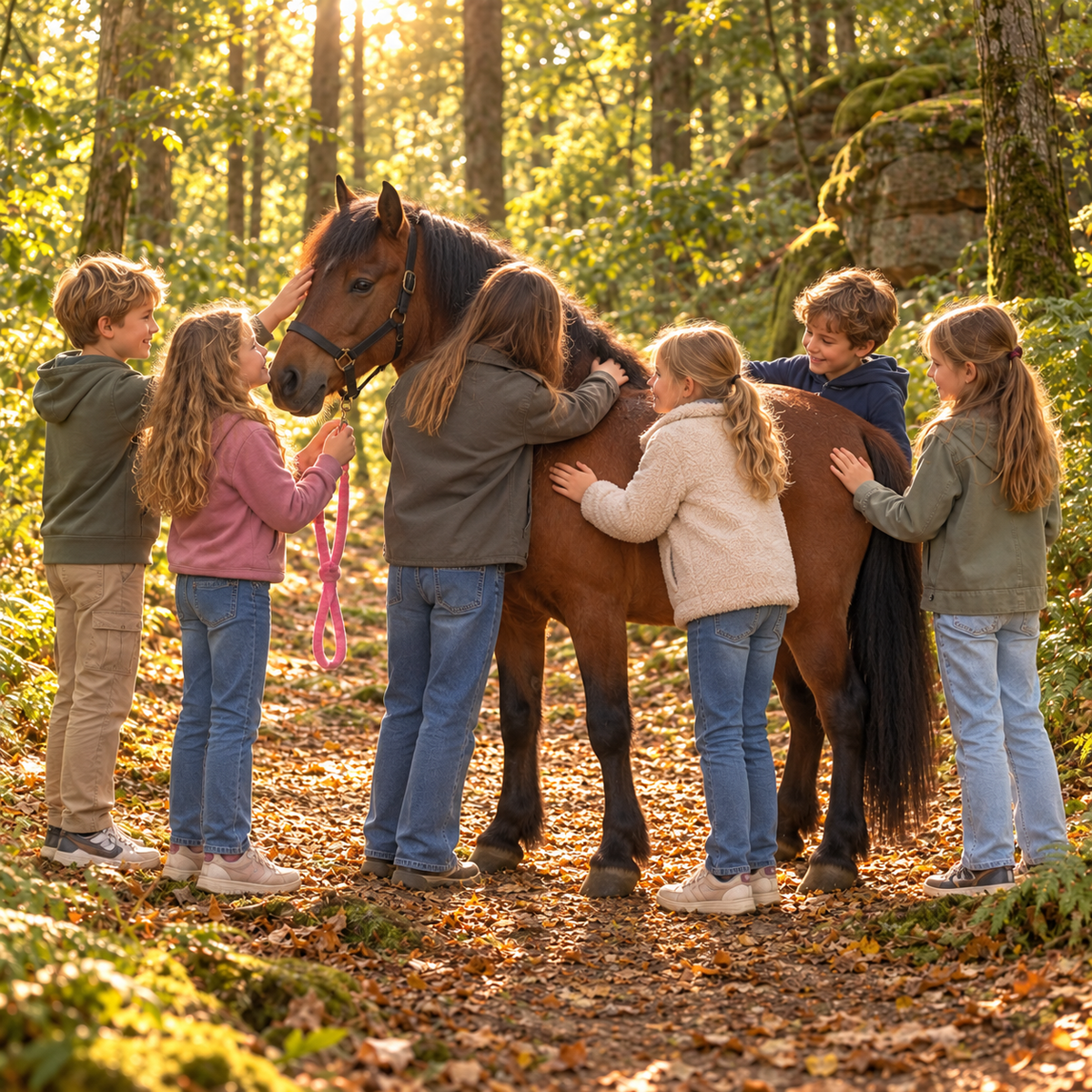 Kinder kuscheln gemeinsam ein Pony im Bentheimer Wald