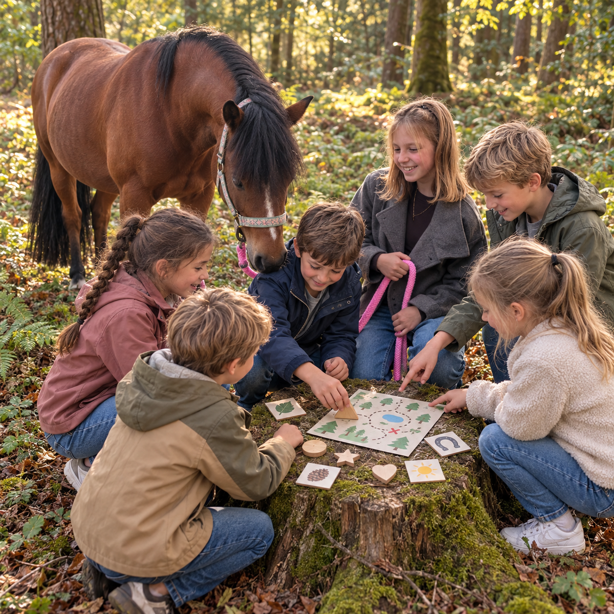 Kinder lösen eine Aufgabe bei der Pony-Schnitzeljagd