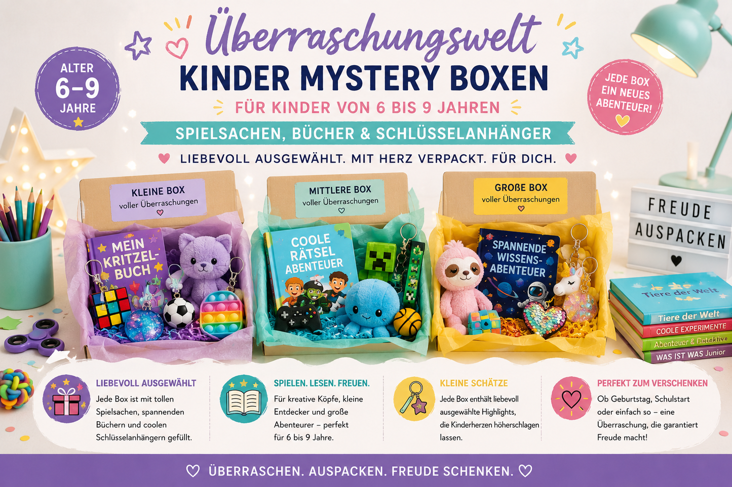 Kinder Mystery Box – liebevoll gepackte Überraschungsbox für Mädchen und Jungs von Schenkt ein Herz