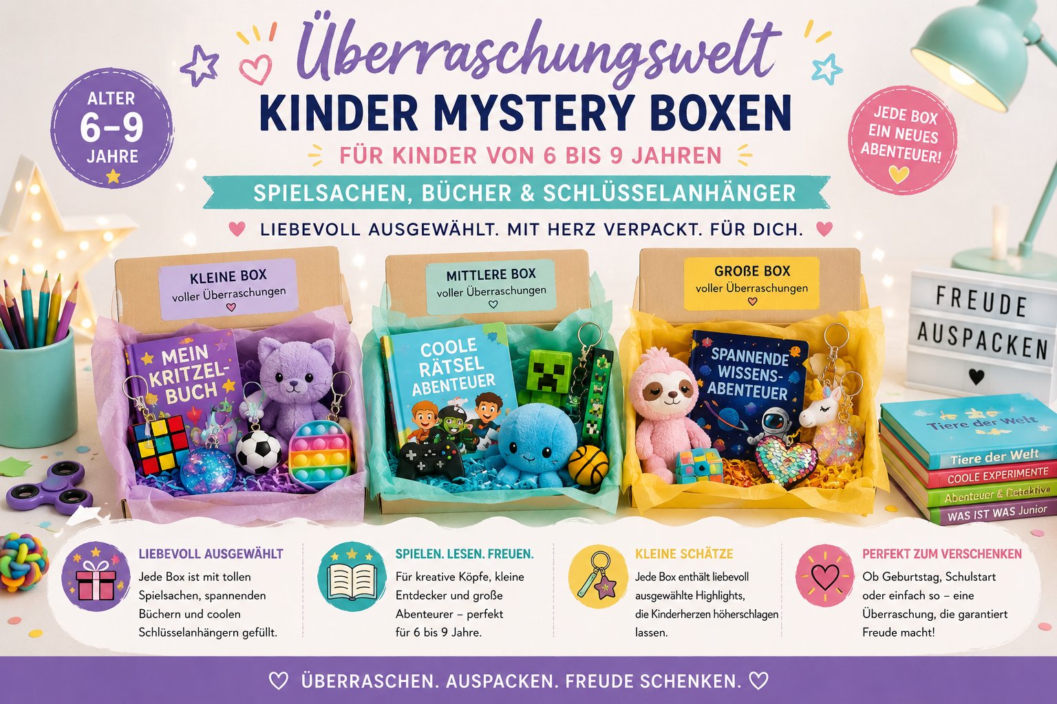 Kinder Mystery Box – liebevoll gepackte Überraschungsbox für Mädchen und Jungs von Schenkt ein Herz