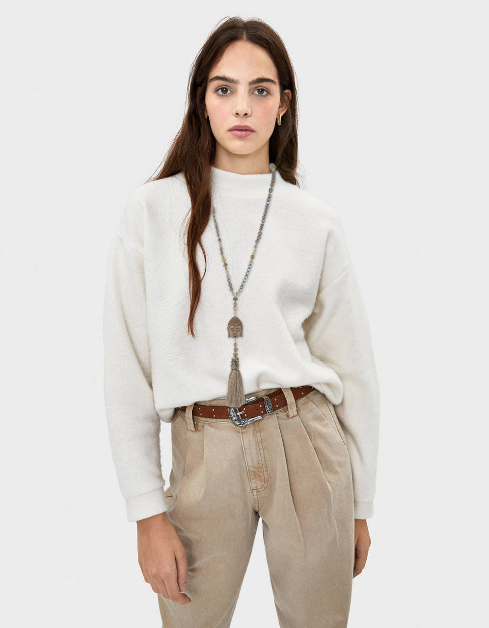 Lange Buddha Halskette Damen – Boho Kette mit Quaste 90 cm