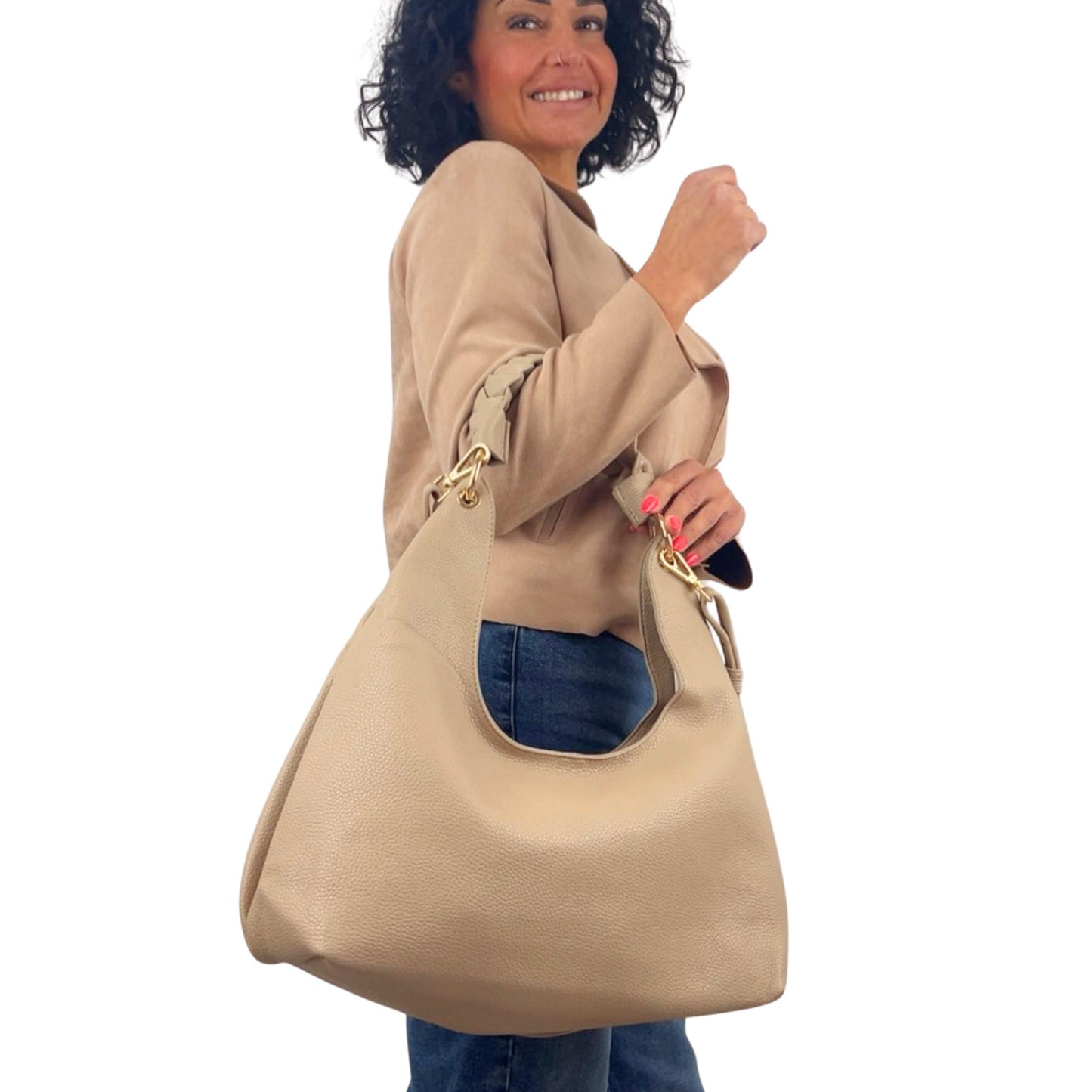 Weiche Hobo-Bag mit Flechthenkel aus hochwertigem weichem Material in Naturbraun – elegante geraeuige Damentasche von Schenkt ein Herz