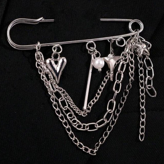 Statement-Brosche mit Ketten & Herz Gold & Silber – Edelstahl Anstecker Schenkt ein Herz