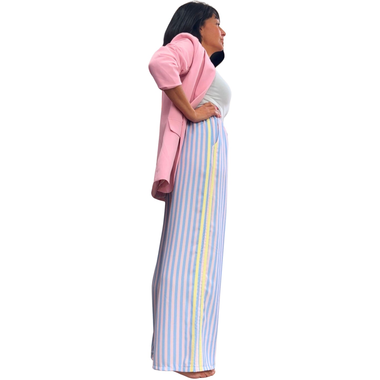 Damen Sommerhose gestreift – Leichte Wide Leg Hose mit Gummibund