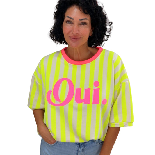 Oversize Shirt „Oui“ – Neon Streifen Look