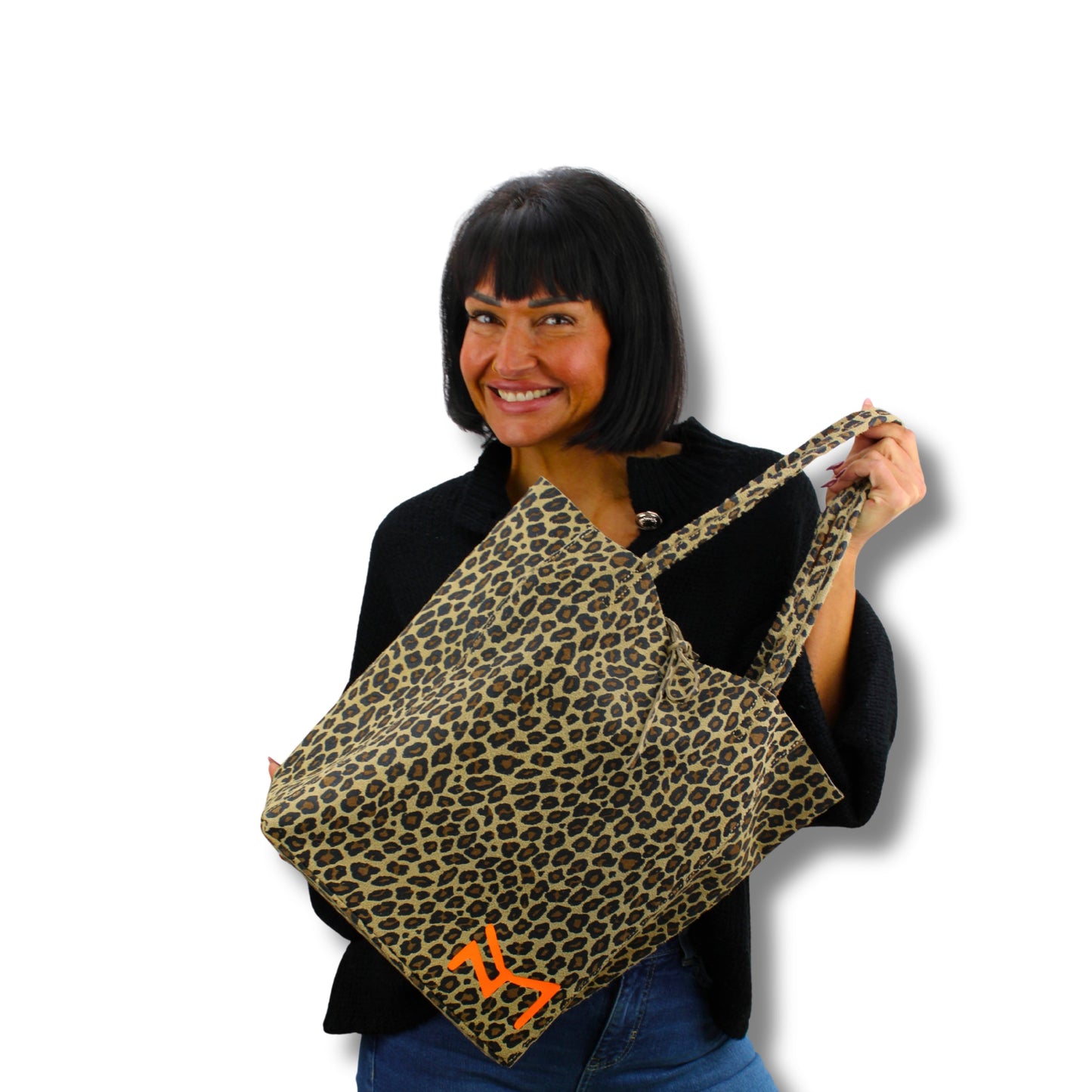 Leopard Shopper aus echtem Wildleder mit Neon-Orange-Detail in Leo und Gold – hochwertiger Damen-Shopper als Statement-Tasche von Schenkt ein Herz