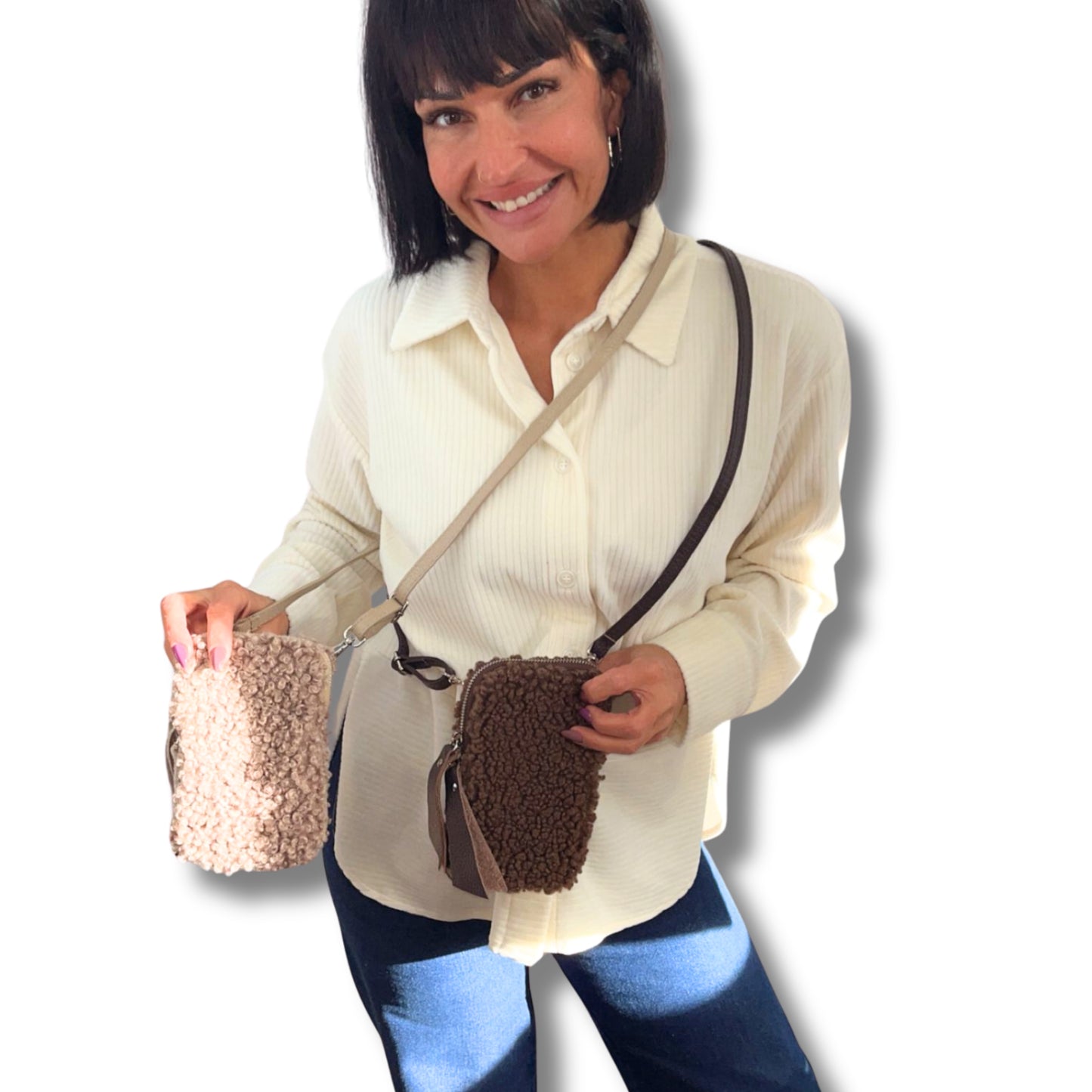 Handytasche mit Teddy-Optik & Echtleder