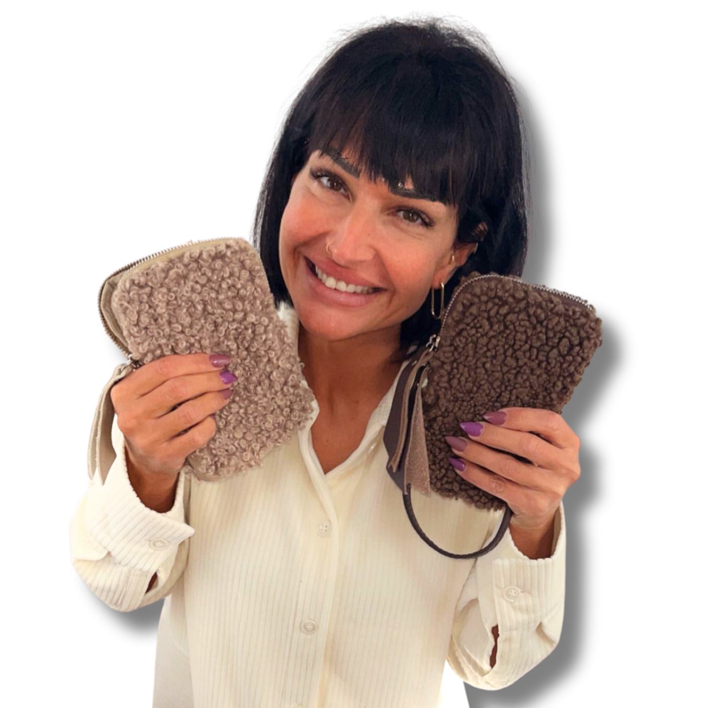 Handytasche mit Teddy-Optik & Echtleder