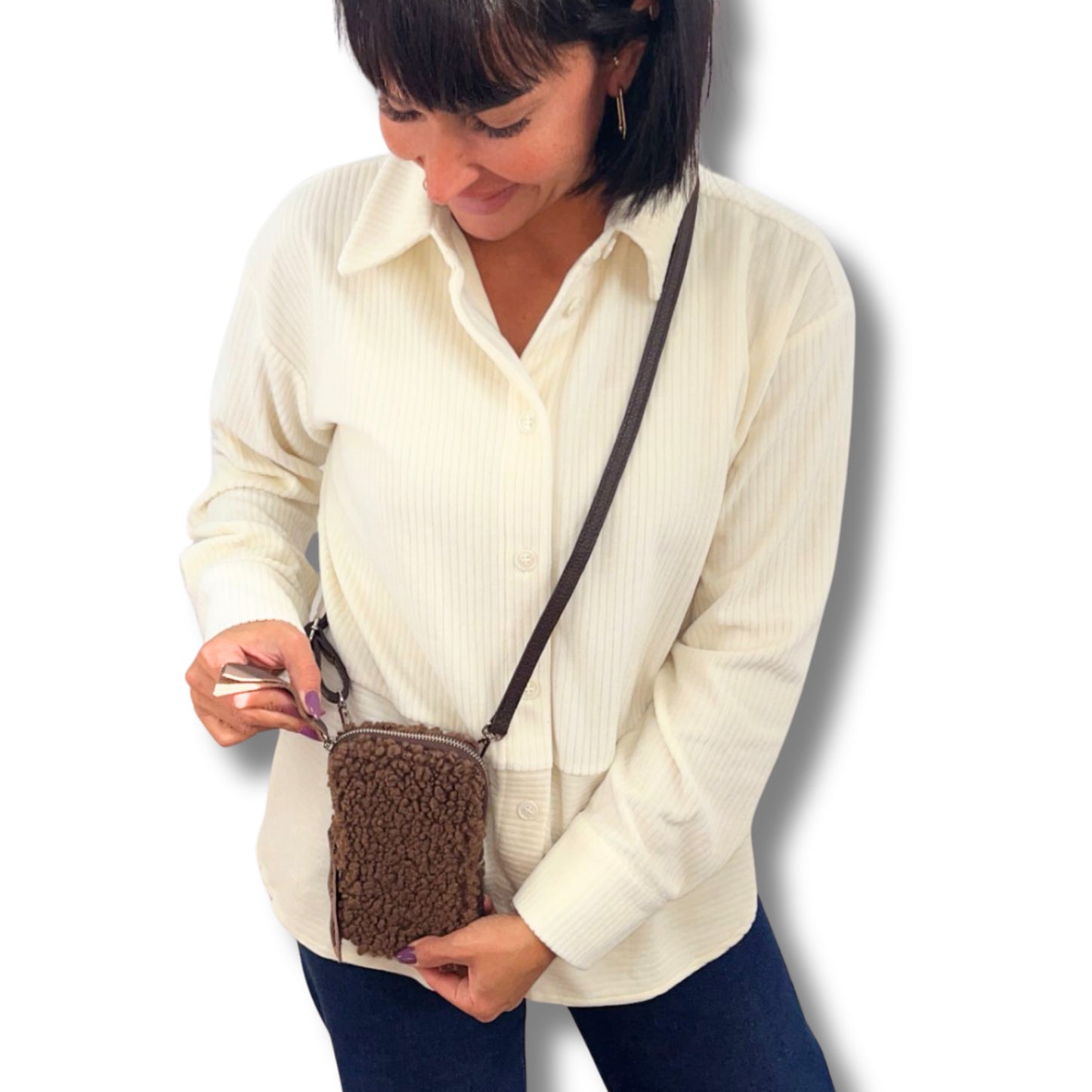 Handytasche mit Teddy-Optik & Echtleder