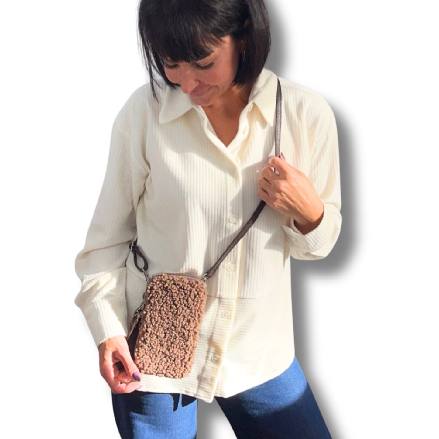 Handytasche mit Teddy-Optik & Echtleder