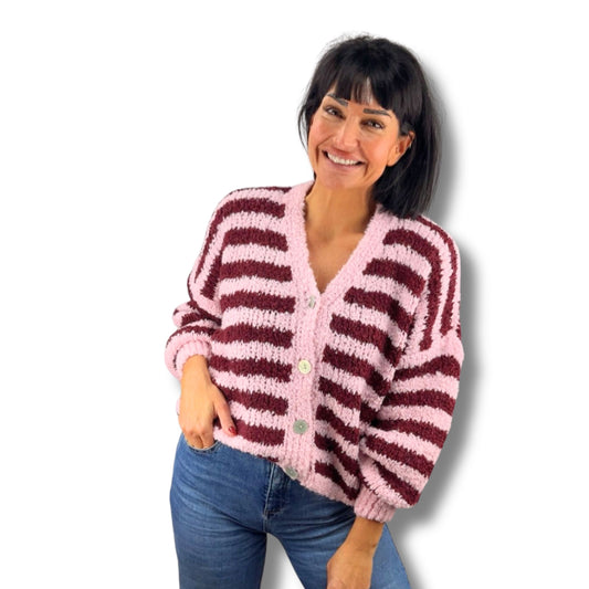 Flauschiger Boucle- Strick Streifen-Cardigan – Cozy & Chic!