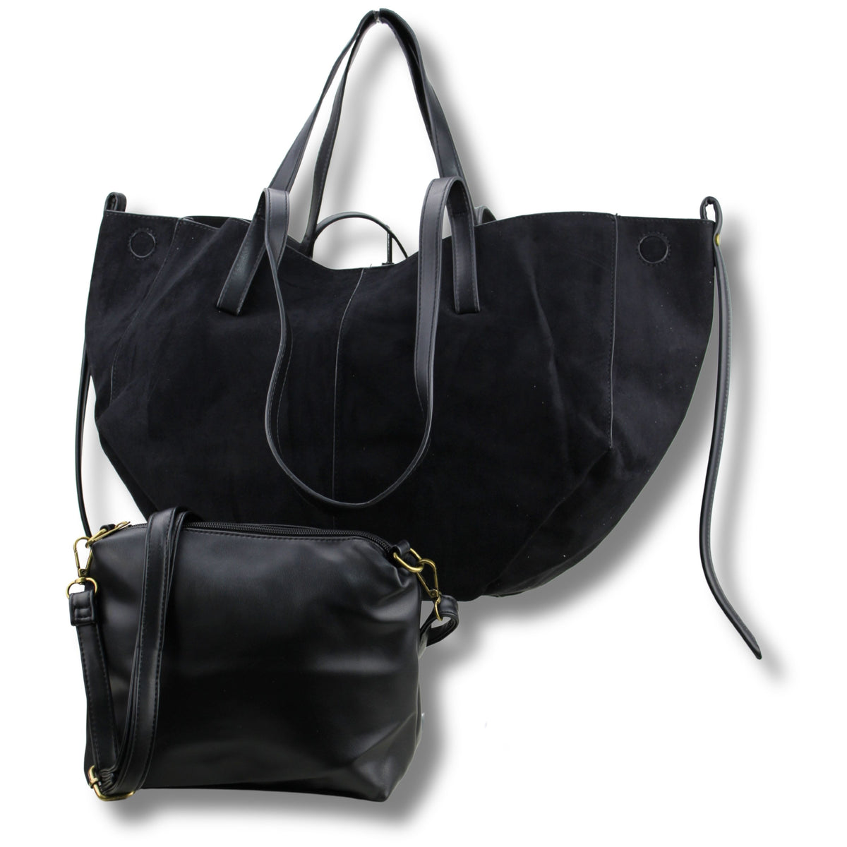 Wildleder-Optik Tasche Schwarz getragen – elegantes Accessoire von Schenkt ein Herz