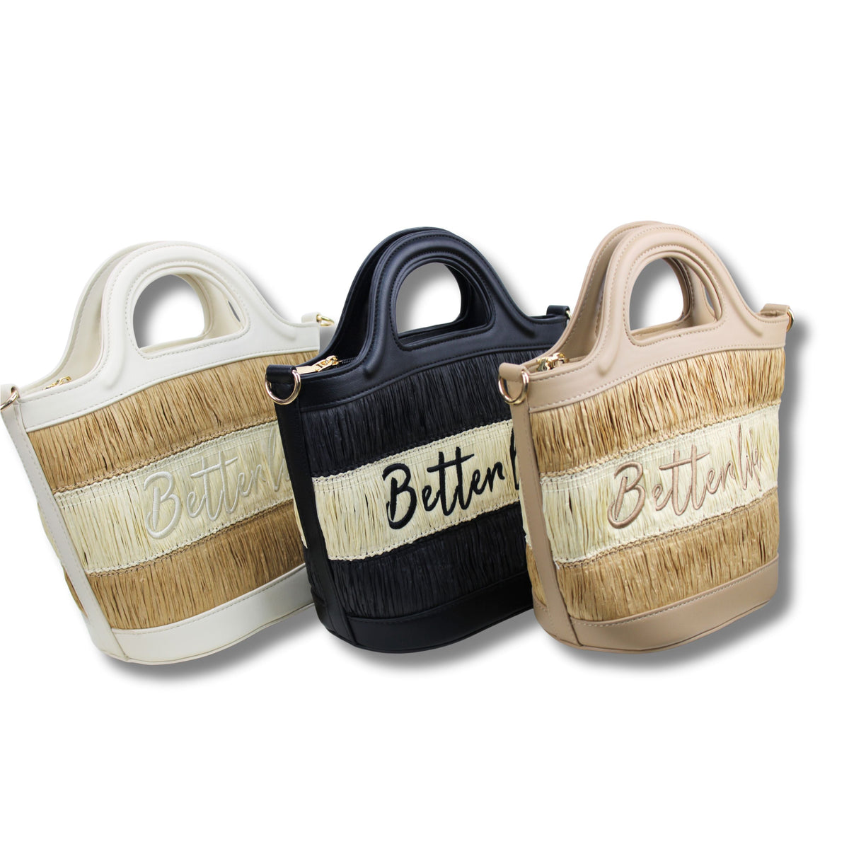 Straw-Bag Handtasche in Stroh-Optik in Creme, Beige und Schwarz – moderne naturliche Damenhandtasche fuer Alltag und Sommer von Schenkt ein Herz