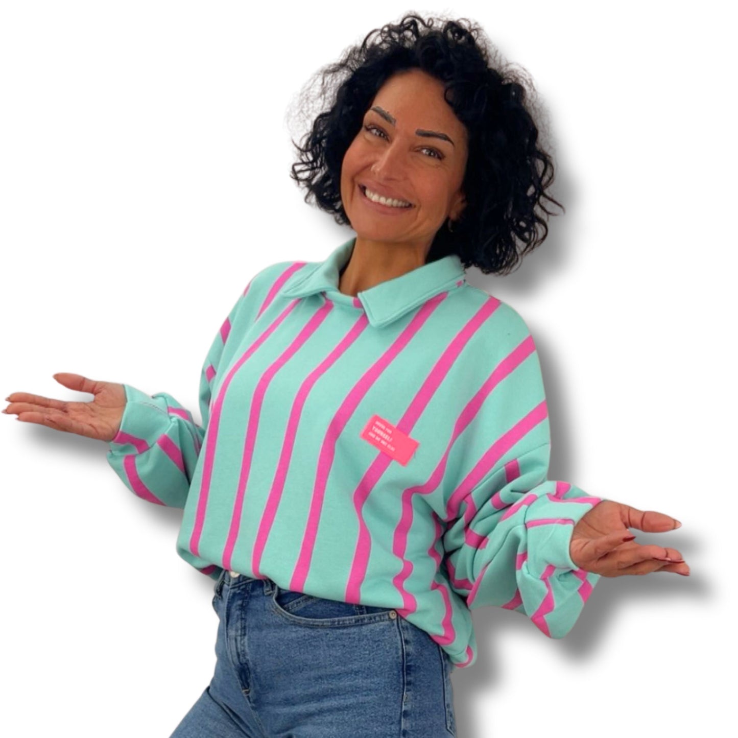 Gestreifter Sweatpullover mit Kragen – Einheitsgröße