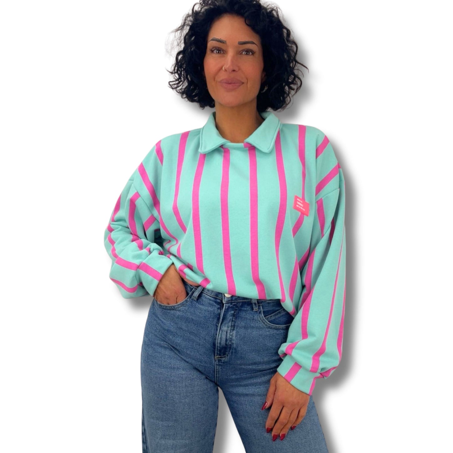 Gestreifter Sweatpullover mit Kragen – Einheitsgröße