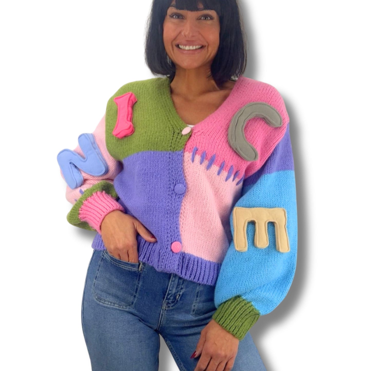 Bunter Statement-Strickpullover mit leuchtenden Farbblöcken in Nice 1 und Nice 2 – auffaelliger Damen-Strickjacke von Schenkt ein Herz