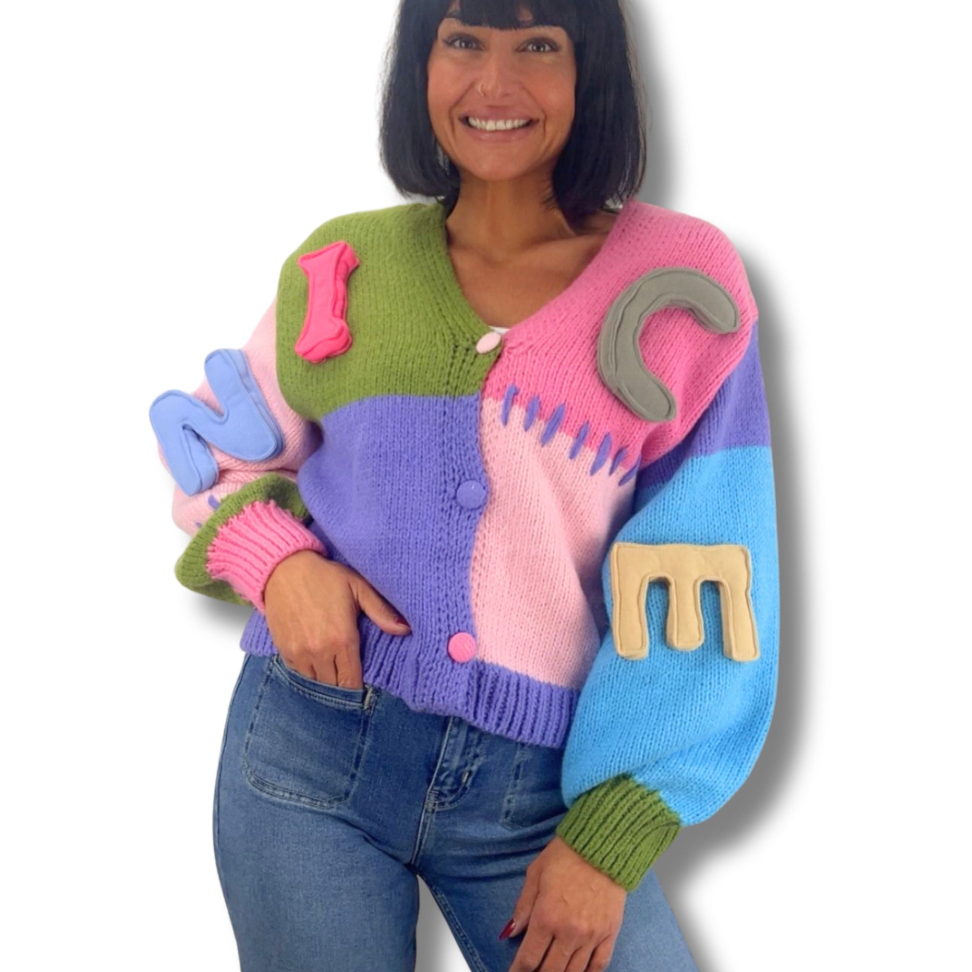 Bunter Statement-Strickpullover mit leuchtenden Farbblöcken in Nice 1 und Nice 2 – auffaelliger Damen-Strickjacke von Schenkt ein Herz