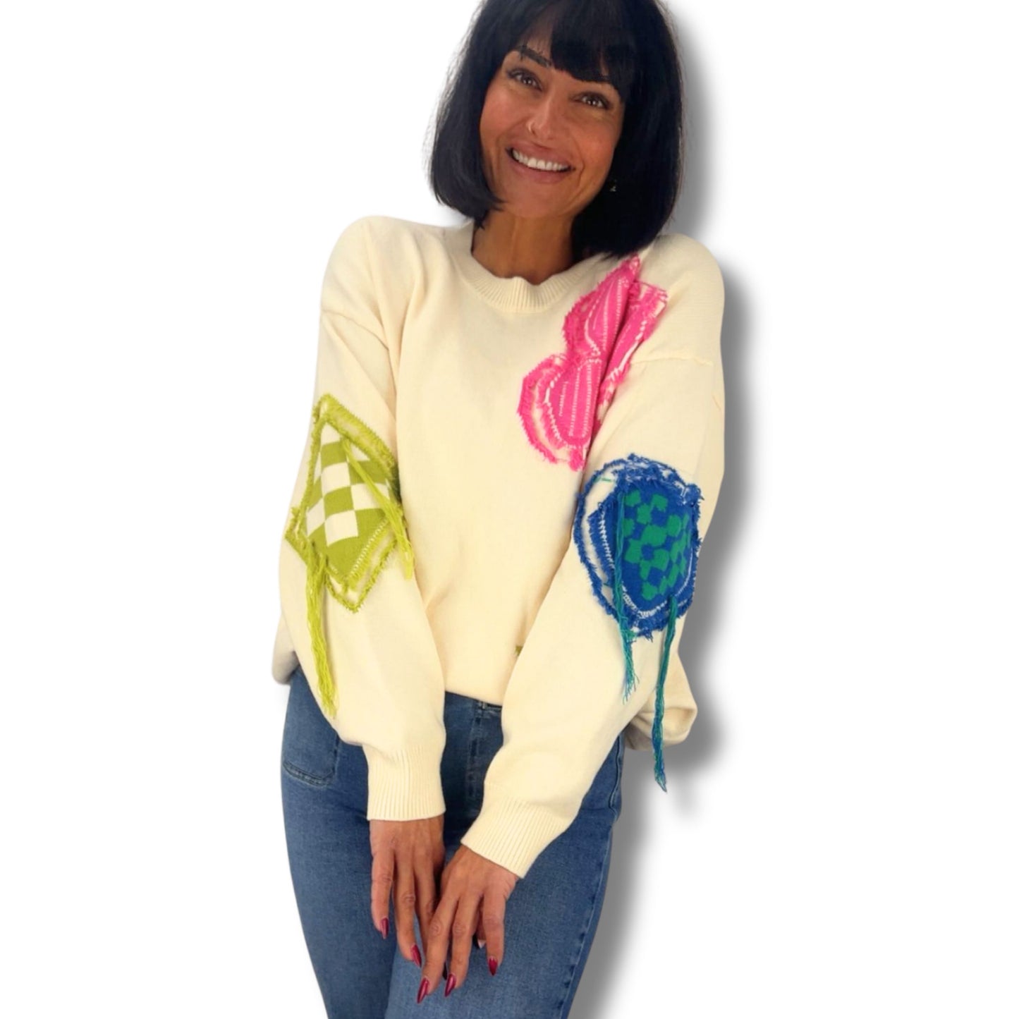 Trendiger Statement-Pullover mit bunten Applikationen
