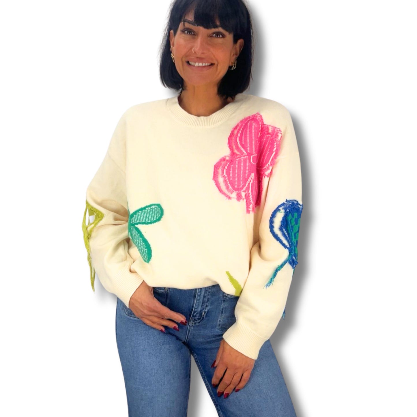 Trendiger Statement-Pullover mit bunten Applikationen