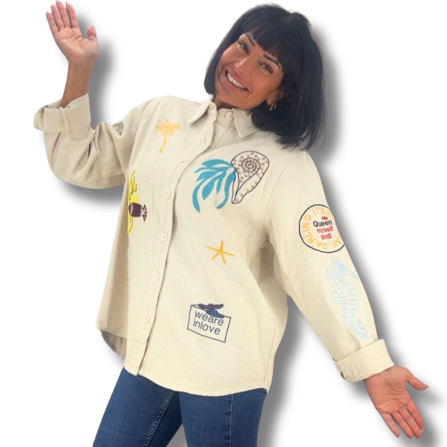 Besondere Jeansjacke / Jeansbluse mit Stickereien – Unikat