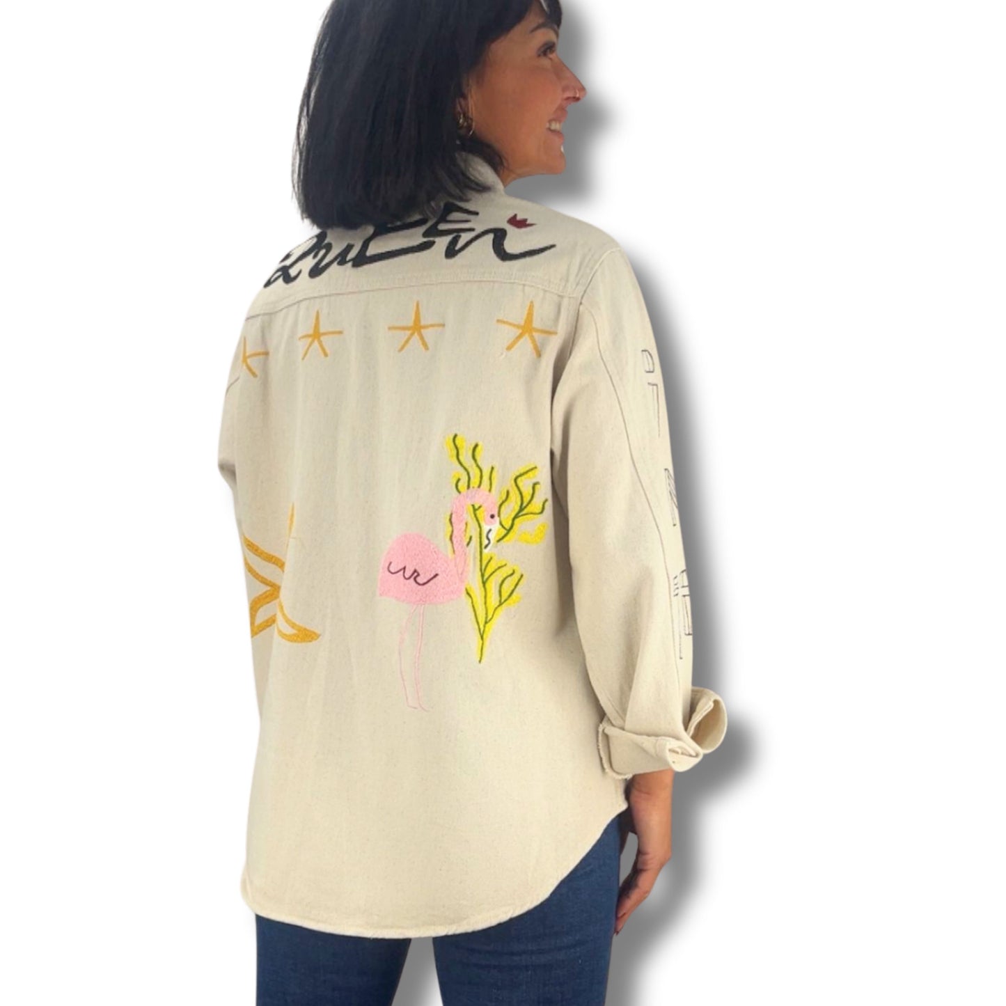 Besondere Jeansjacke / Jeansbluse mit Stickereien – Unikat