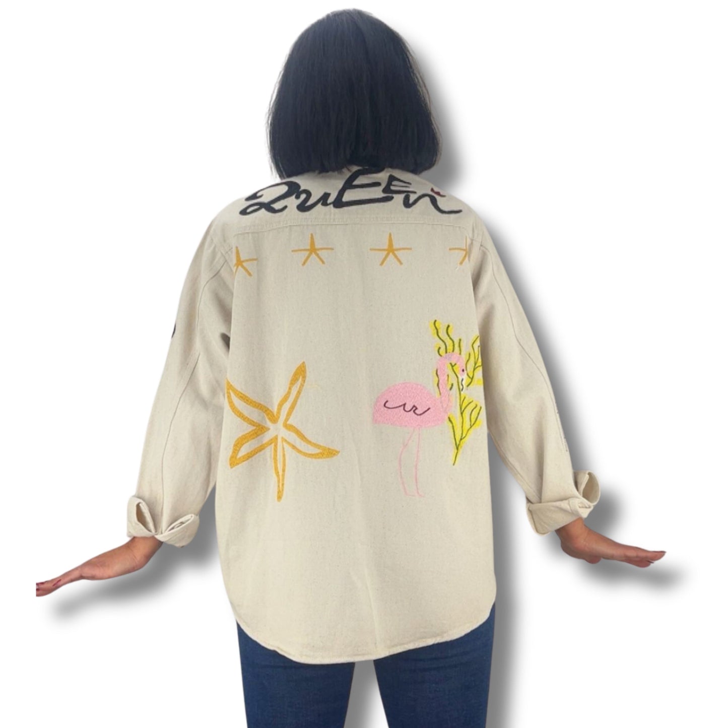 Besondere Jeansjacke / Jeansbluse mit Stickereien – Unikat