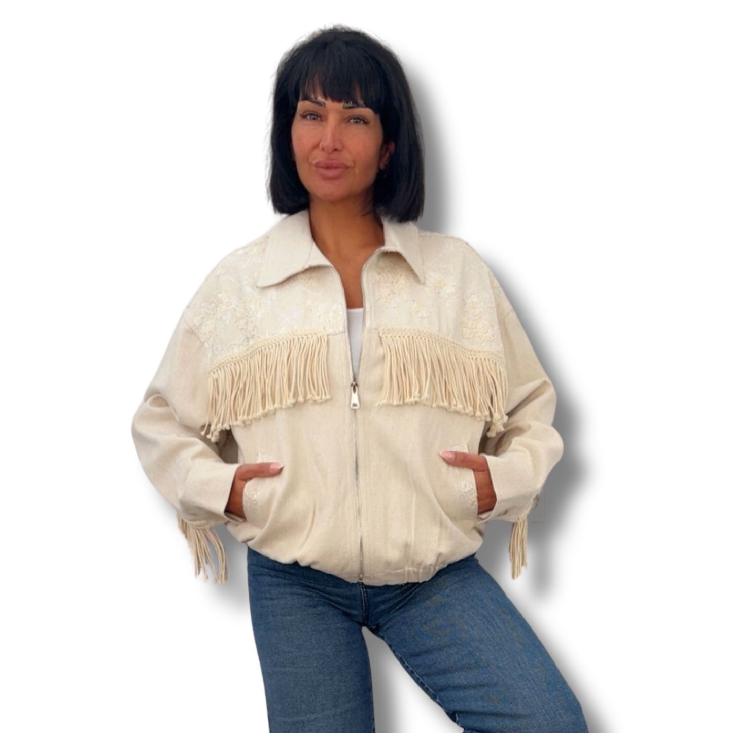 Boho Jeansjacke mit Fransen & Stickerei – ein echtes Unikat