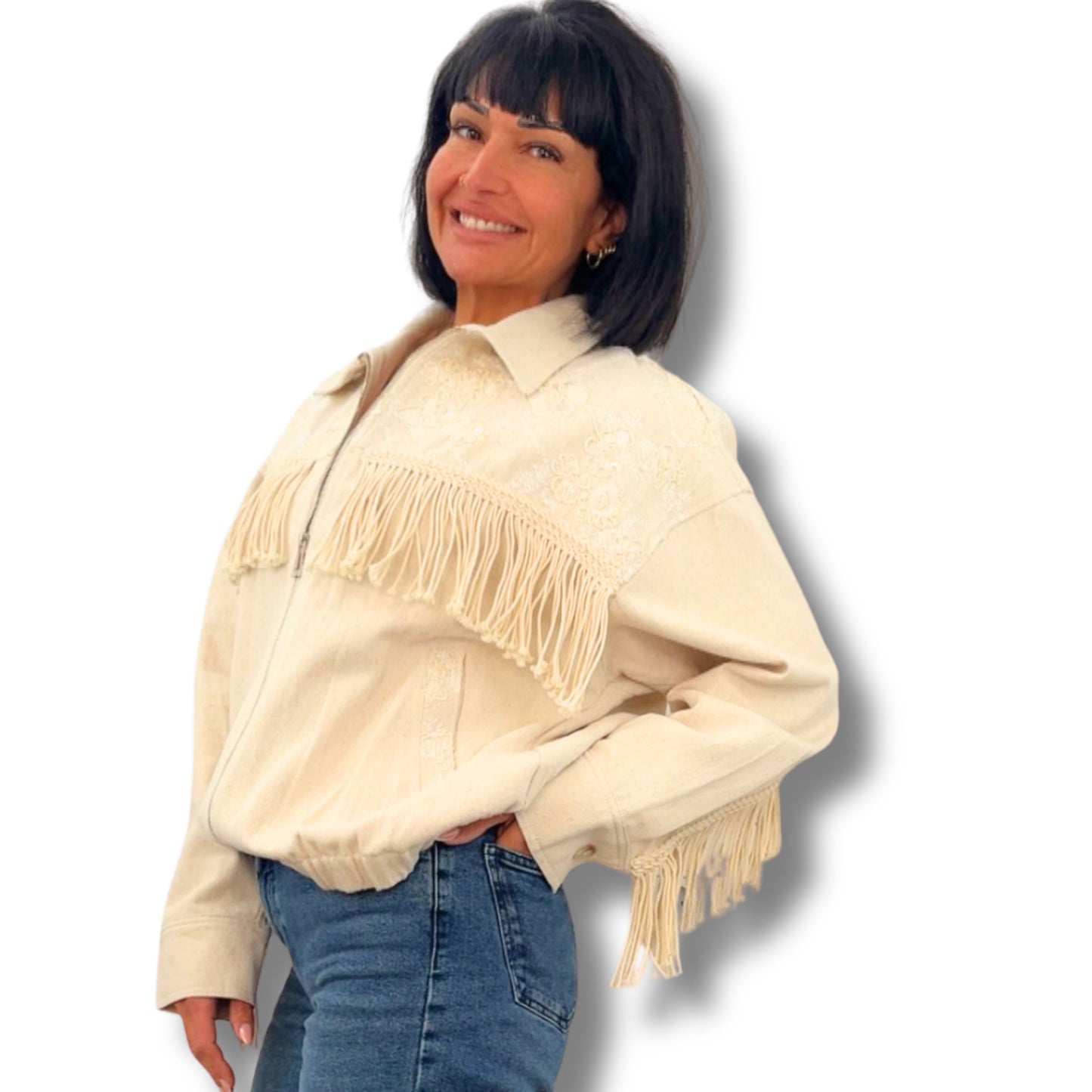 Boho Jeansjacke mit Fransen & Stickerei – ein echtes Unikat