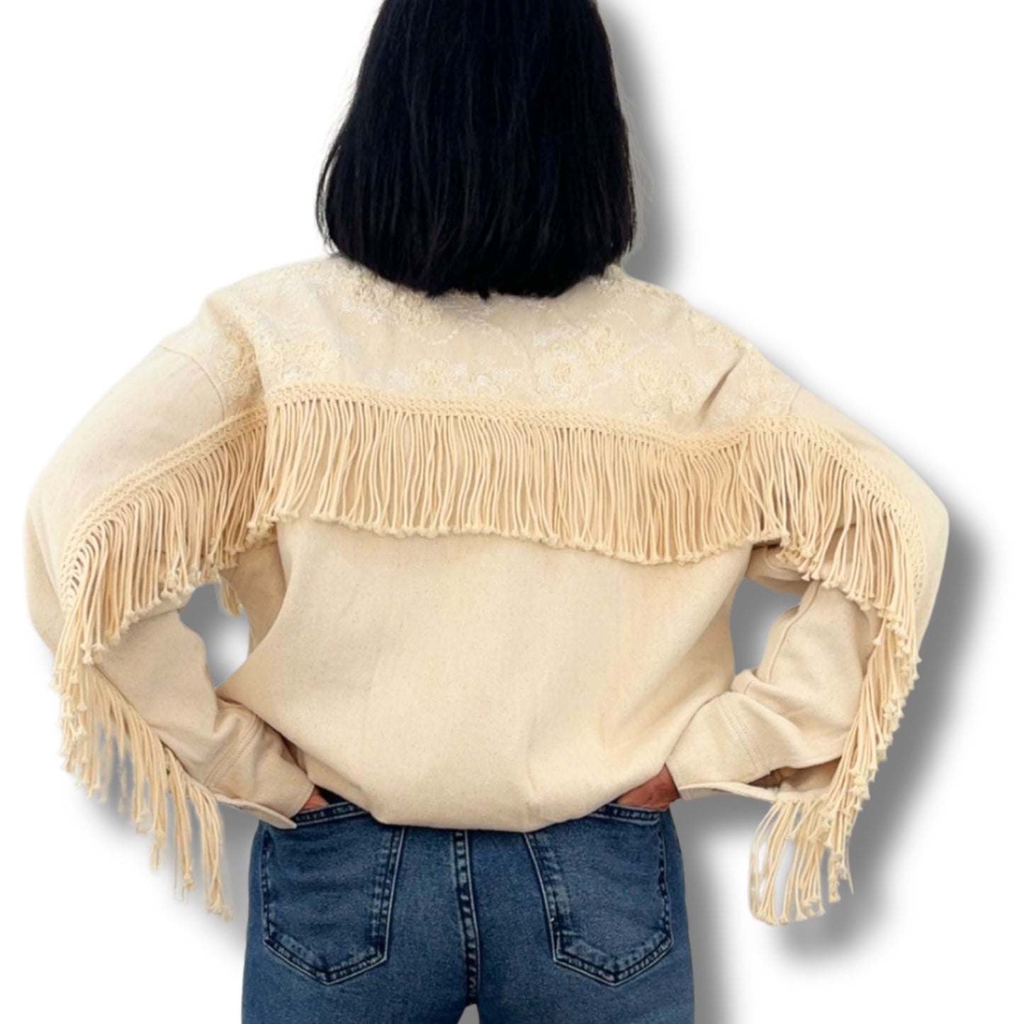 Boho Jeansjacke mit Fransen & Stickerei – ein echtes Unikat