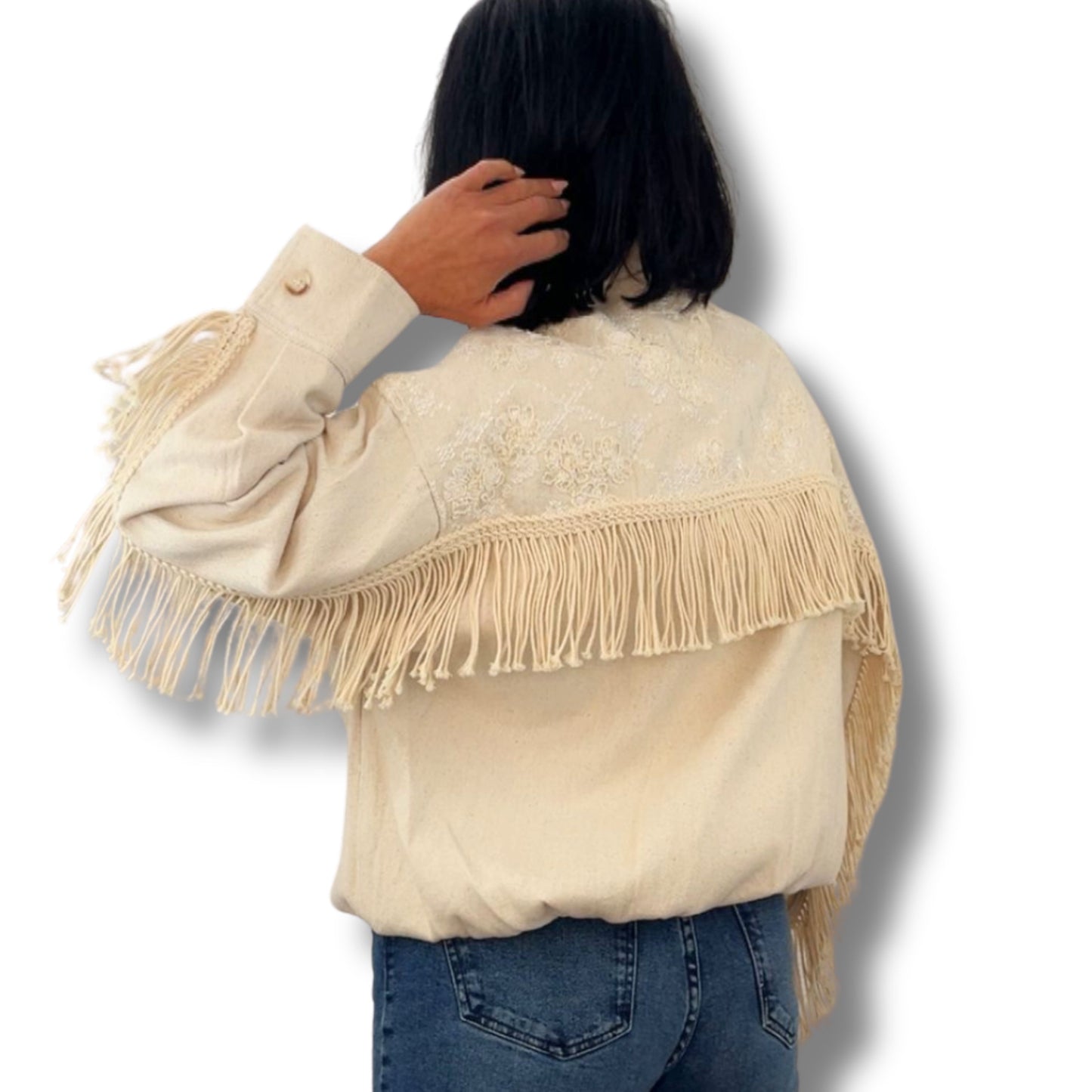 Boho Jeansjacke mit Fransen & Stickerei – ein echtes Unikat