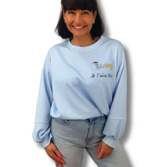 Dackel Je t'aime Paris Pullover Damen – kuscheliger Sweater mit Hunde-Motiv, Schenkt ein Herz