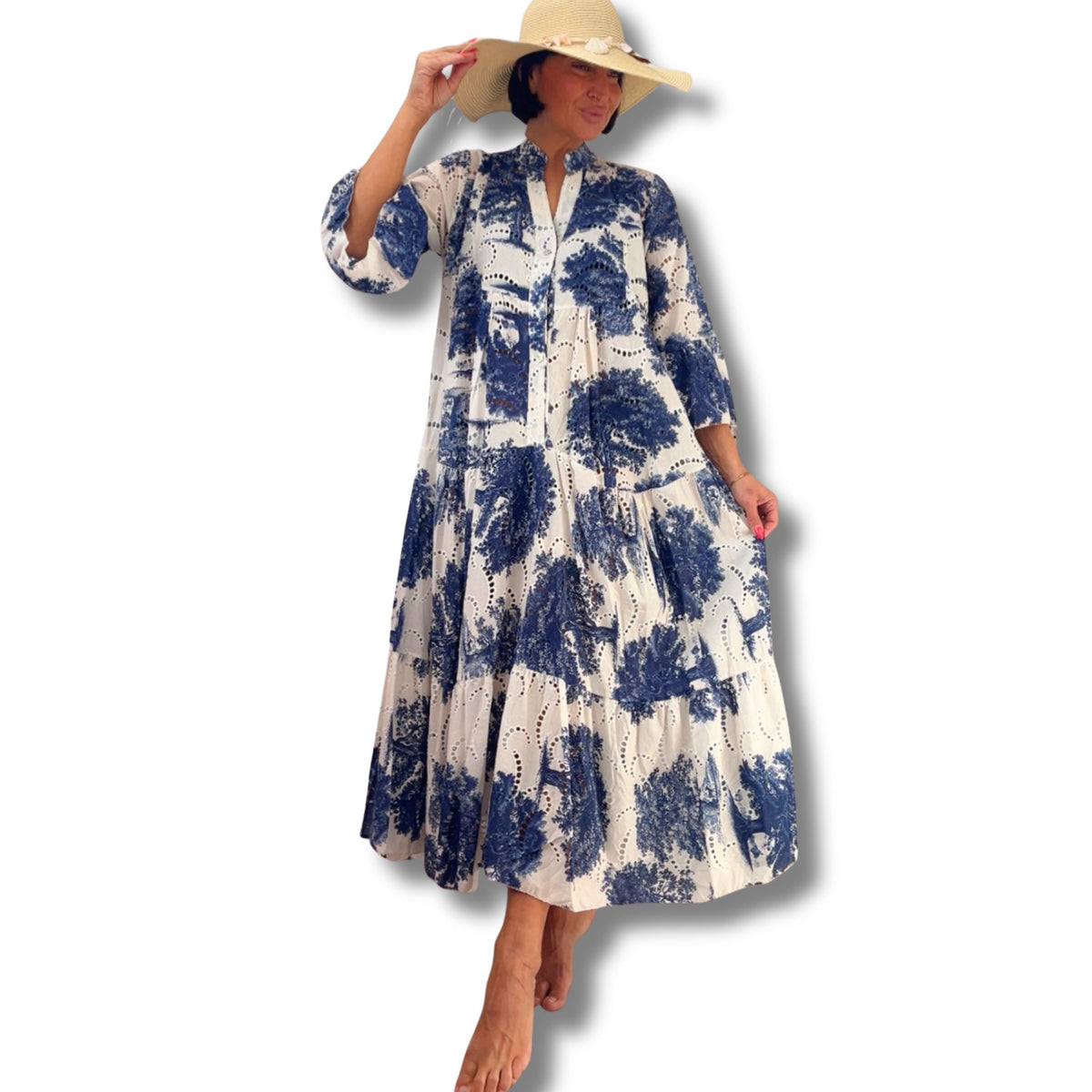 Elegantes leichtes Maxikleid aus 100% Baumwolle mit elegantem Print in Blau, Schwarz und Beige – luftiges Sommerkleid von Schenkt ein Herz