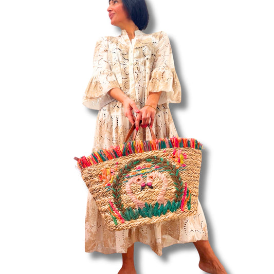 Große Boho-Strandtasche aus geflochtenem Naturmaterial – handbesticktes Design