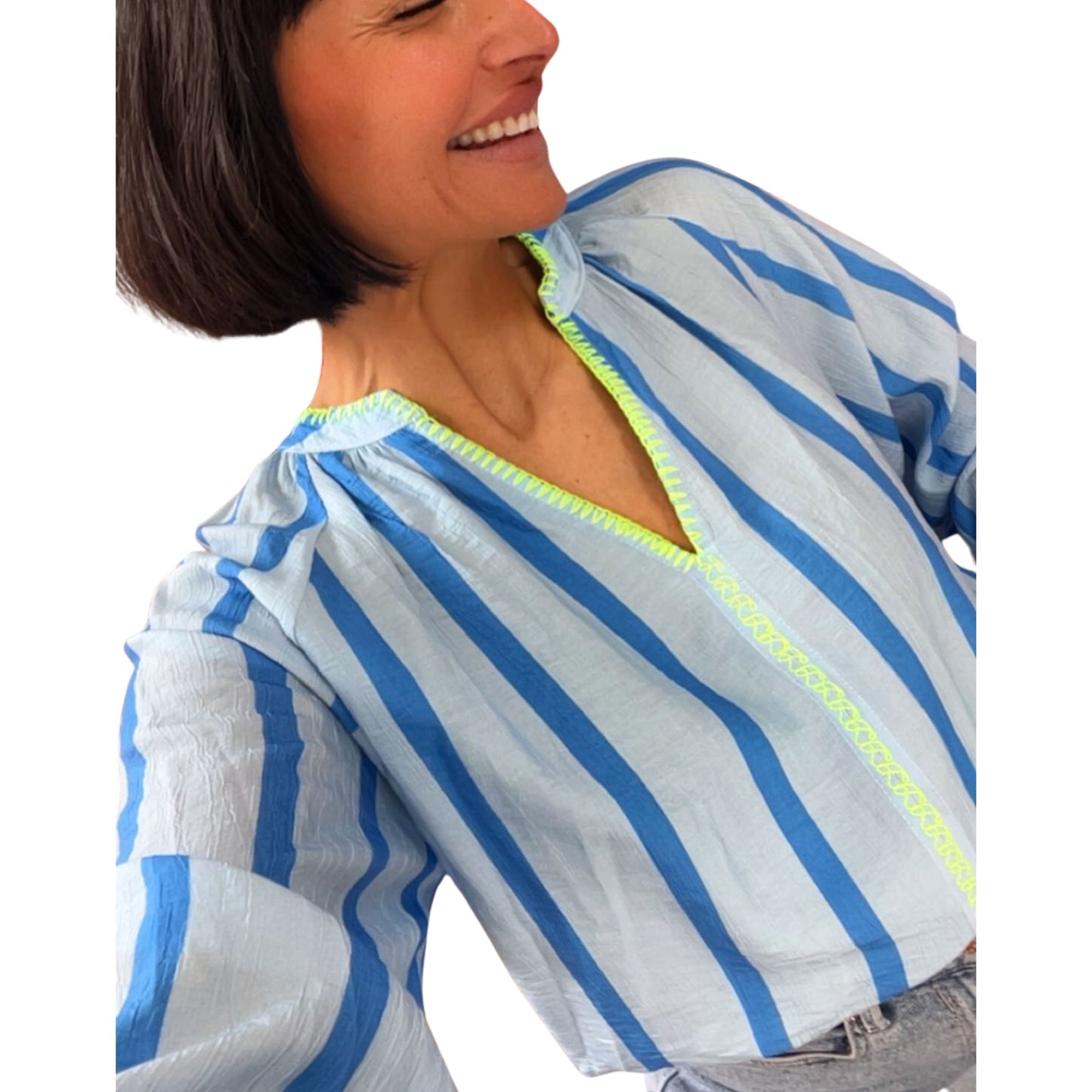 Damen Bluse gestreift – Leichte Viskose Bluse mit Neon-Details
