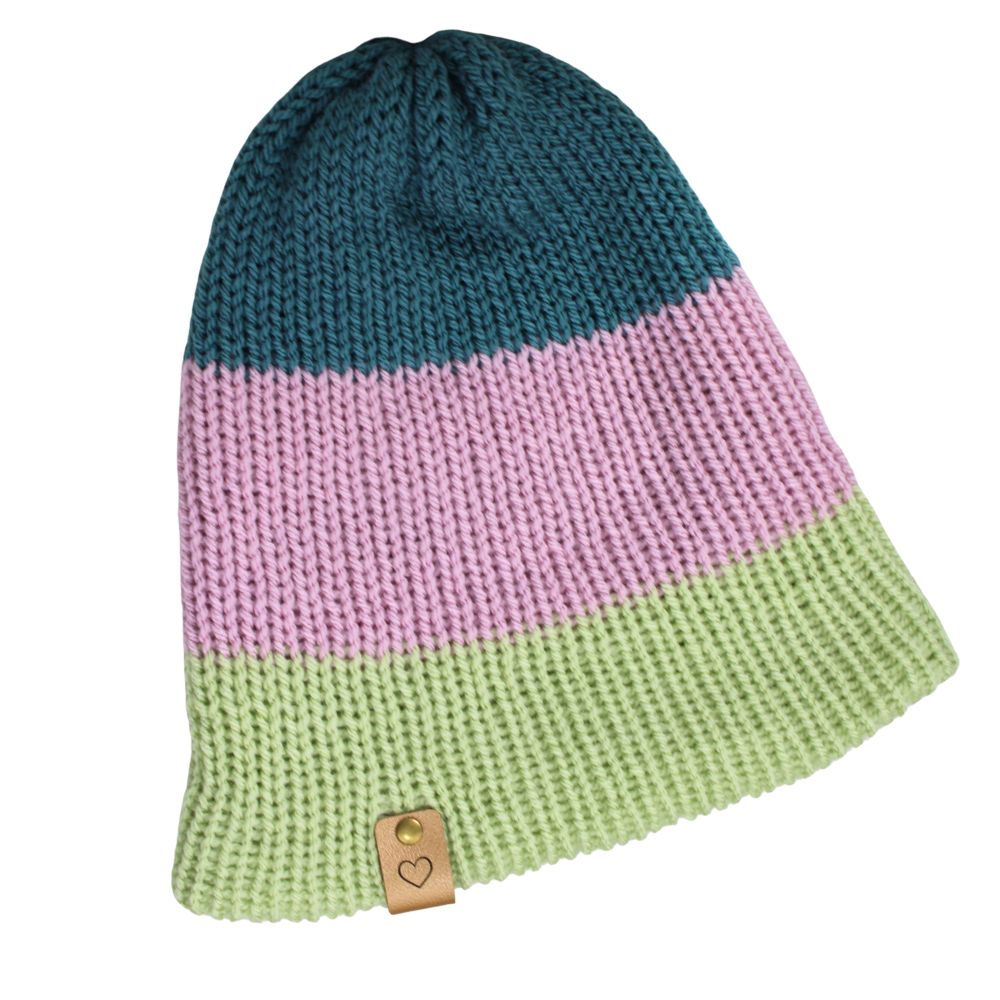 Tricolor Beanie in Beige, Rosa und Khaki