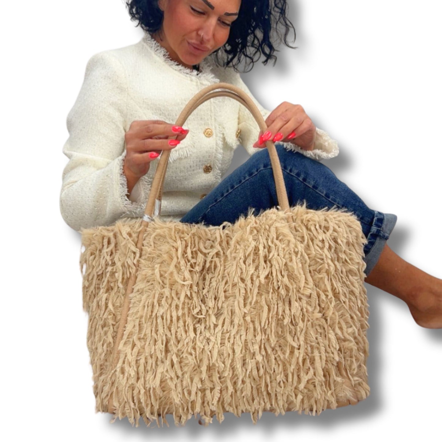 Shopper mit Federn & Kulturbeutel – 55x33x15cm, Fransen-Optik, Damen Handtasche