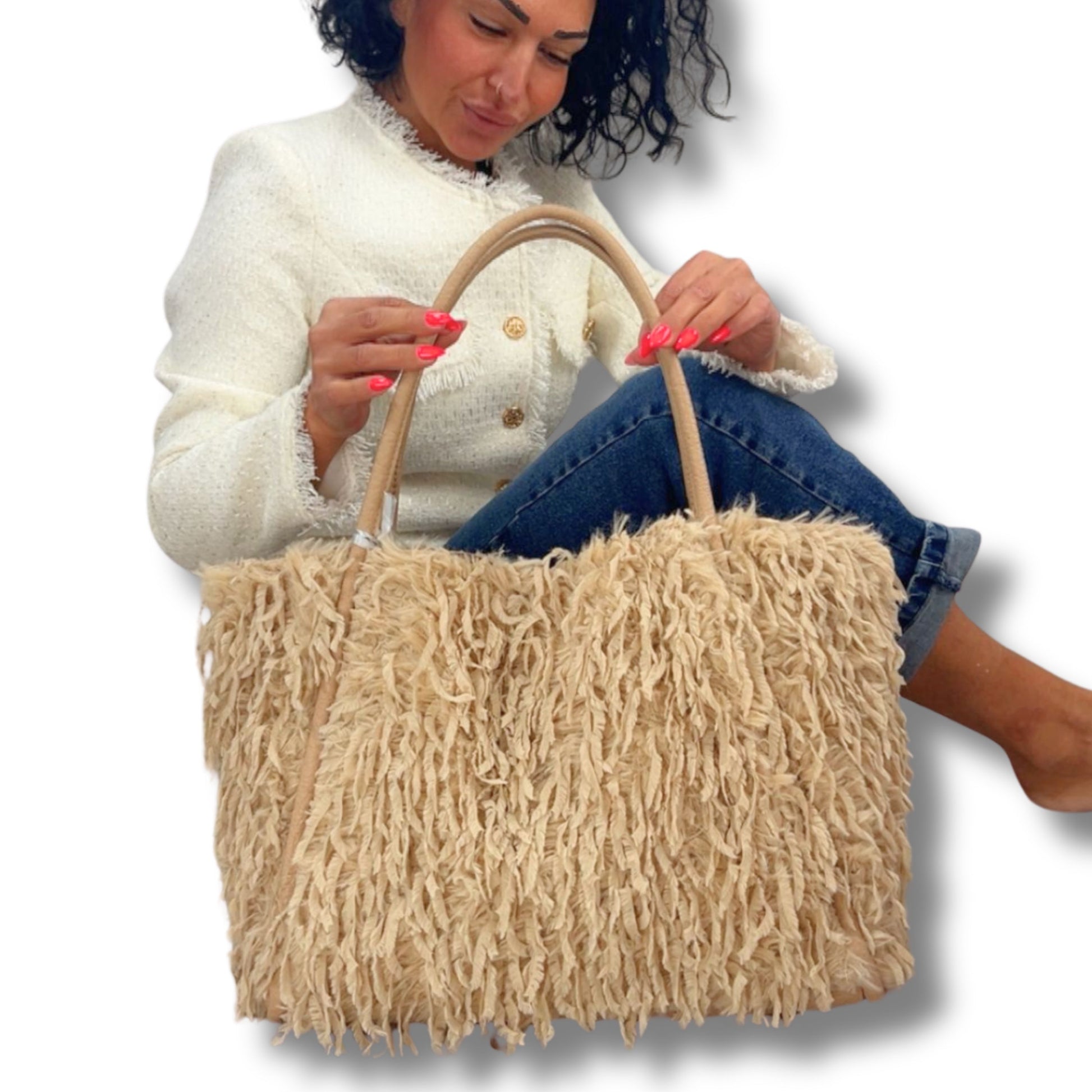 Shopper mit Federn & Kulturbeutel – 55x33x15cm, Fransen-Optik, Damen Handtasche