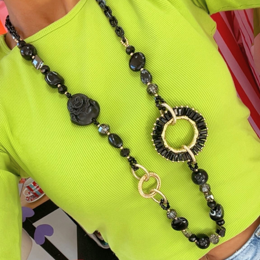 Lange Damen Halskette Buddha Anhänger Glasperlen 105 cm – Boho Kette Schenkt ein Herz