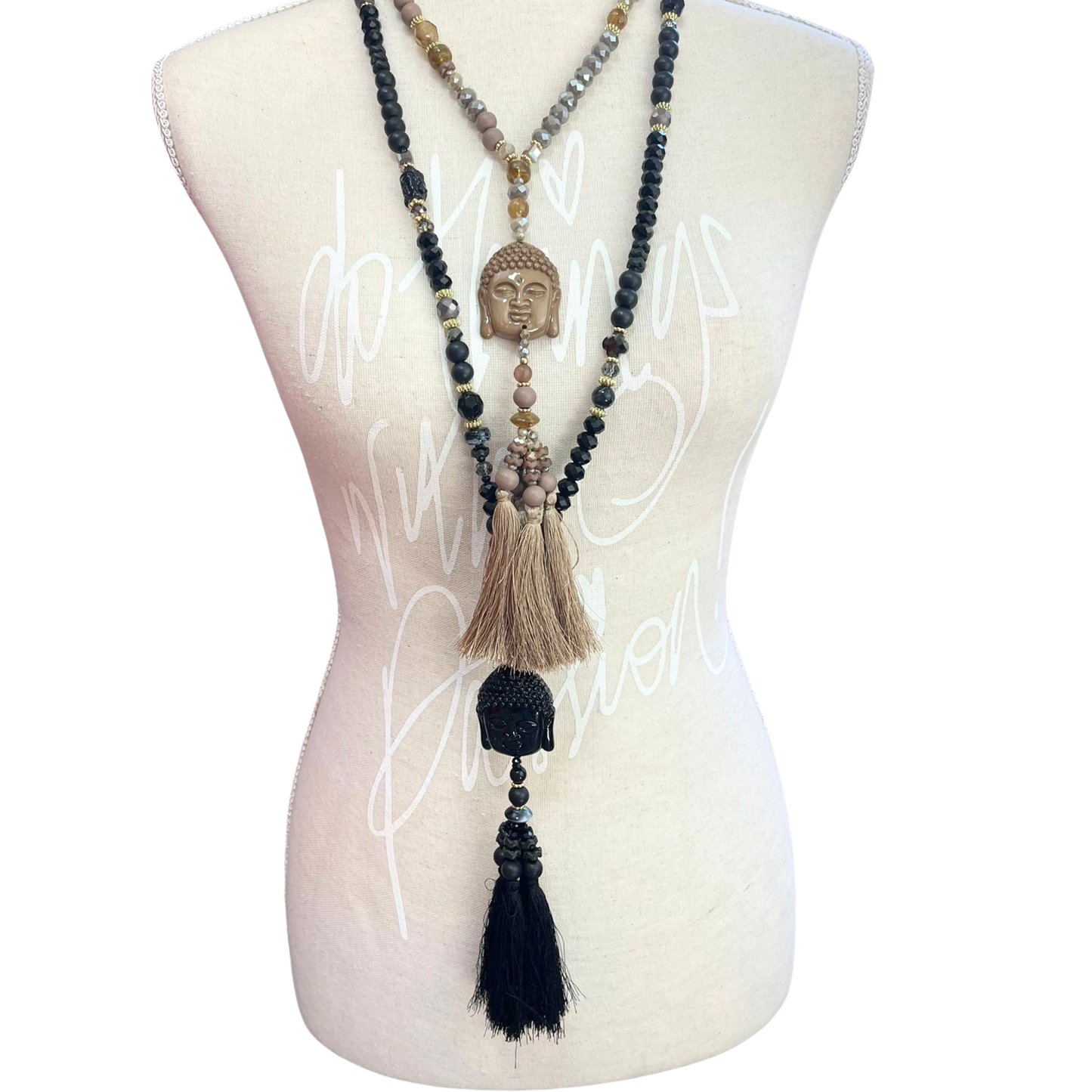 Lange Buddha Halskette Damen – Boho Kette mit Quaste 90 cm