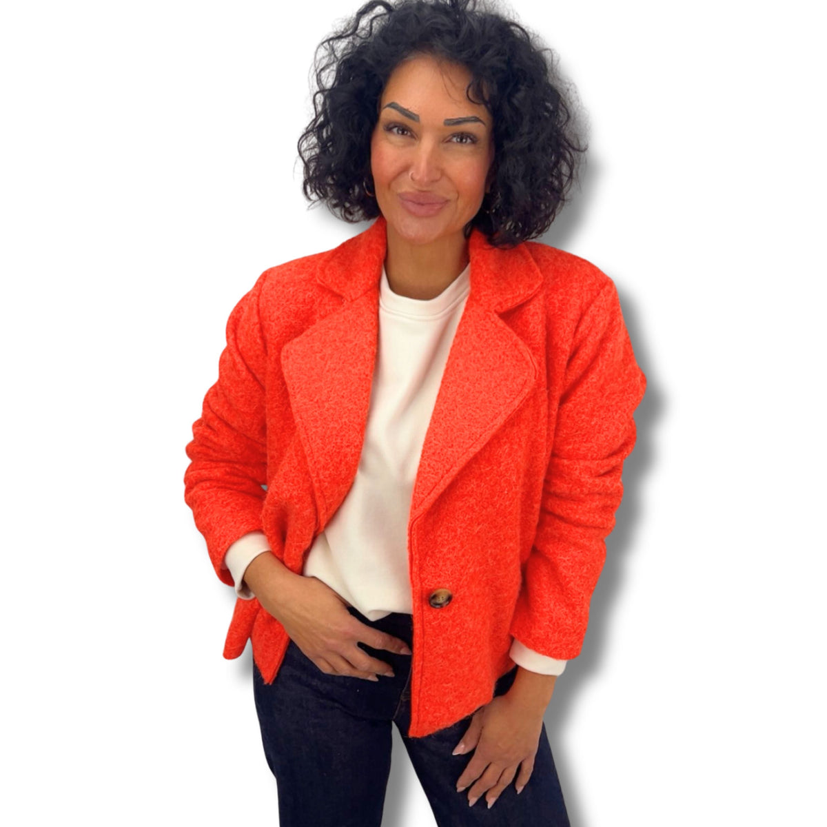 Kurze Jacke im Blazer-Stil in Pink, Orange, Beige und Hellblau – vielseitig kombinierbare Damen-Kurzjacke von Schenkt ein Herz